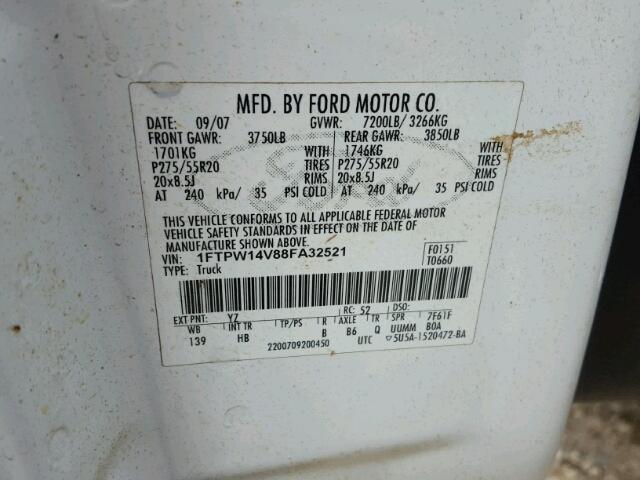 1FTPW14V88FA32521 - 2008 FORD F150 WHITE photo 10