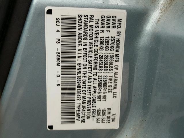 5FNRL18894B136472 - 2004 HONDA ODYSSEY GREEN photo 10