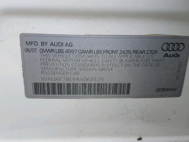 WAUAF78E48A062435 - 2008 AUDI A4 2.0T WHITE photo 10