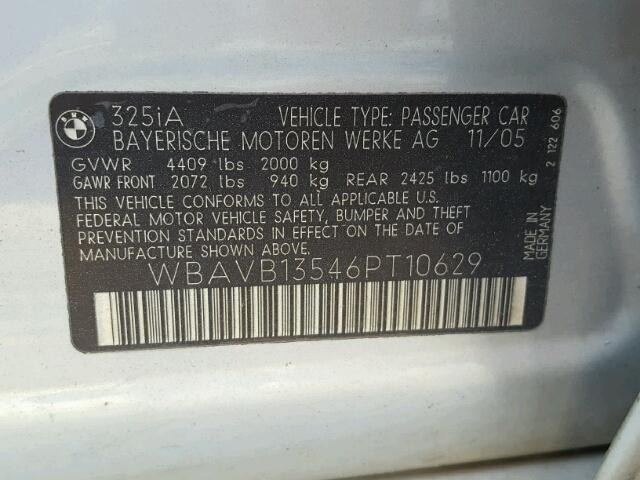 WBAVB13546PT10629 - 2006 BMW 325 I SILVER photo 10