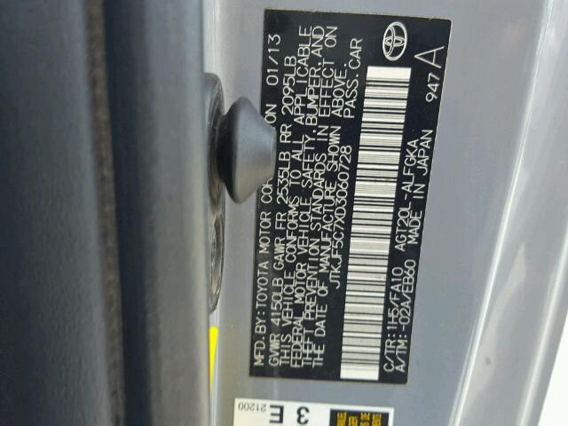 JTKJF5C7XD3060728 - 2013 TOYOTA SCION TC 灰色 照片 10