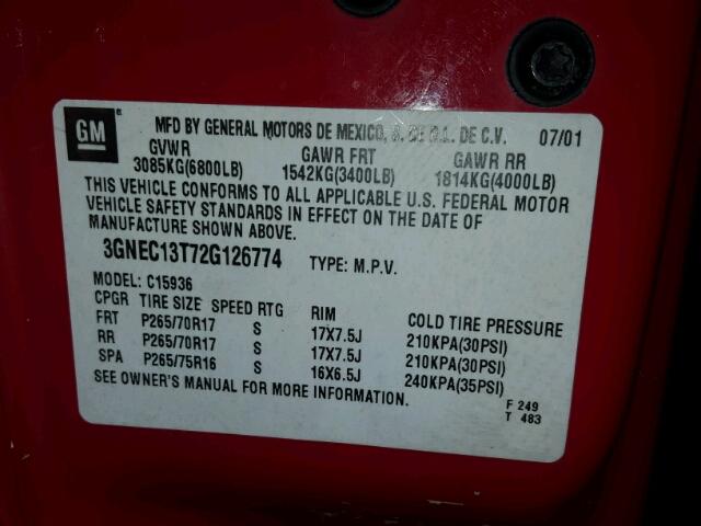 3GNEC13T72G126774 - 2002 CHEVROLET AVALANCHE RED photo 10
