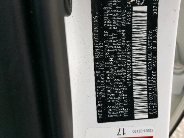 4T1BK1EB0DU061961 - 2013 TOYOTA AVALON BAS WHITE photo 10