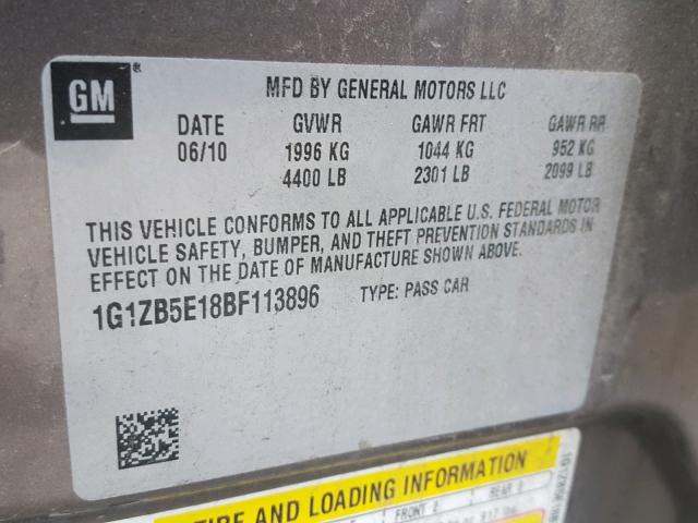 1G1ZB5E18BF113896 - 2011 CHEVROLET MALIBU LS Qəhvəyi foto 10