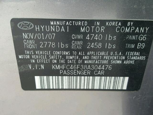 KMHFC46F38A304476 - 2008 HYUNDAI AZERA GRAY photo 10