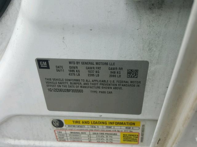 1G1ZC5EU2BF355560 - 2011 CHEVROLET MALIBU 1LT თეთრი ფოტო 10