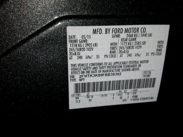 2FMTK3K89FBB38392 - 2015 FORD EDGE TITAN GRAY photo 10