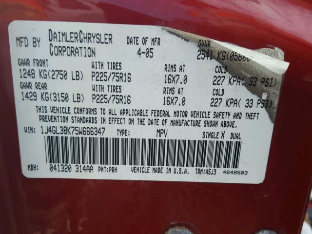 1J4GL38K75W666347 - 2005 JEEP LIBERTY RE RED photo 10