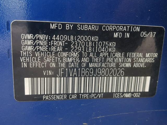 JF1VA1B69J9802026 - 2018 SUBARU WRX BLUE photo 10