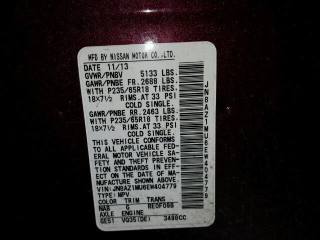 JN8AZ1MU6EW404779 - 2014 NISSAN MURANO S MAROON photo 10