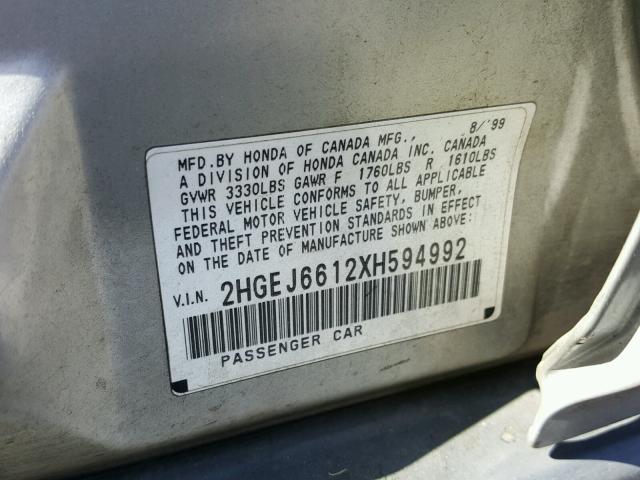 2HGEJ6612XH594992 - 1999 HONDA CIVIC BASE Gümüş foto 10