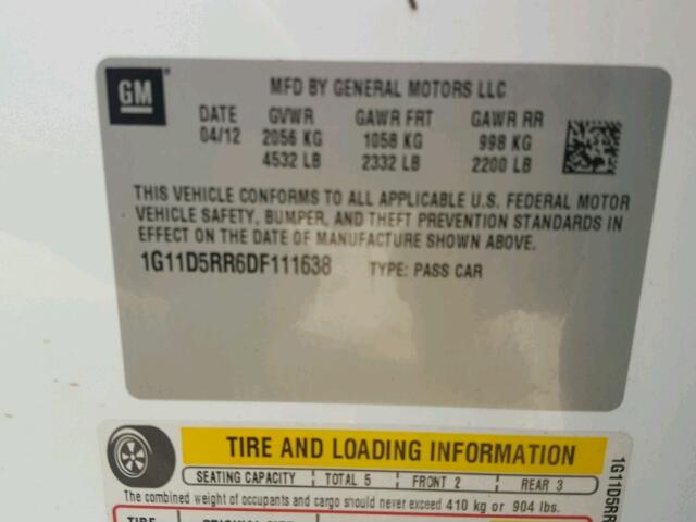 1G11D5RR6DF111638 - 2013 CHEVROLET MALIBU 1LT 白色 照片 10