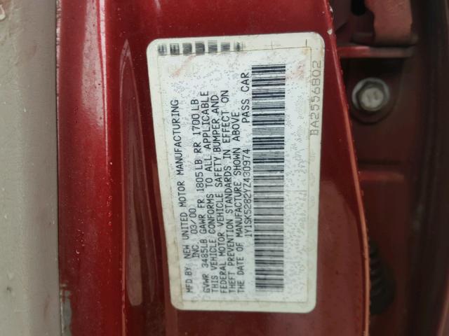 1Y1SK5282YZ430974 - 2000 CHEVROLET GEO PRIZM 栗色 照片 10