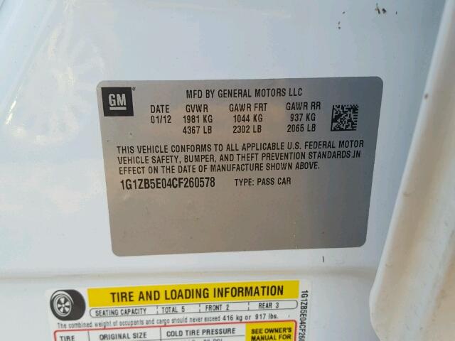 1G1ZB5E04CF260578 - 2012 CHEVROLET MALIBU LS თეთრი ფოტო 10