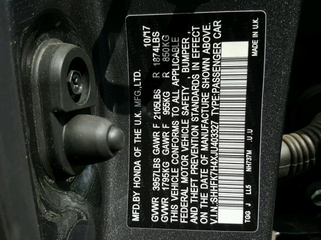 SHHFK7H4XJU403327 - 2018 HONDA CIVIC SPOR CHARCOAL photo 10