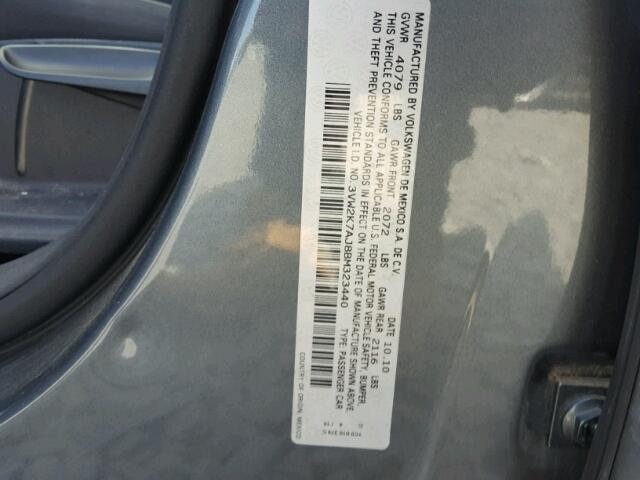 3VW2K7AJ8BM323440 - 2011 VOLKSWAGEN JETTA BASE Մոխրագույն լուսանկար 10