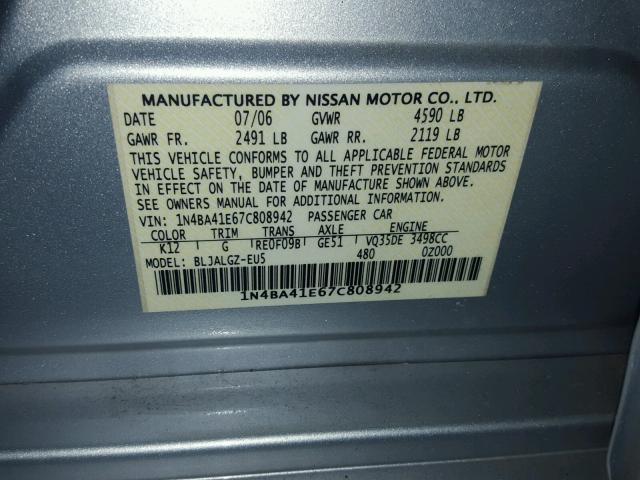 1N4BA41E67C808942 - 2007 NISSAN MAXIMA SE SILVER photo 10