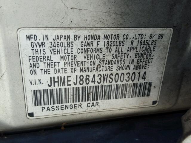 JHMEJ8643WS003014 - 1998 HONDA CIVIC EX SILVER photo 10