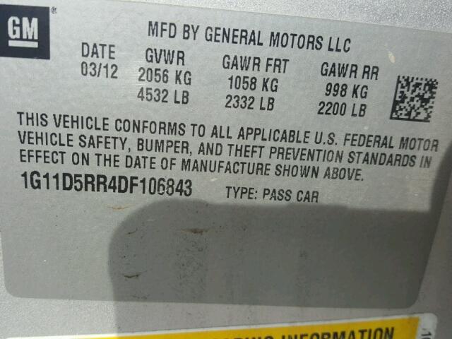 1G11D5RR4DF106843 - 2013 CHEVROLET MALIBU 1LT 银色 照片 10