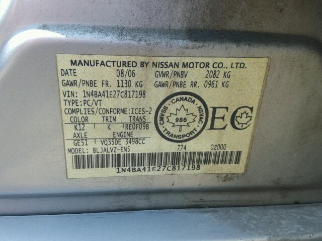 1N4BA41E27C817198 - 2007 NISSAN MAXIMA SE SILVER photo 10