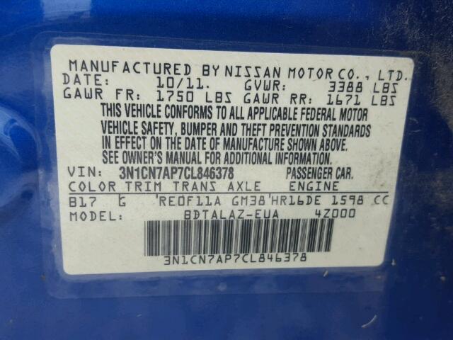 3N1CN7AP7CL846378 - 2012 NISSAN VERSA S BLUE photo 10