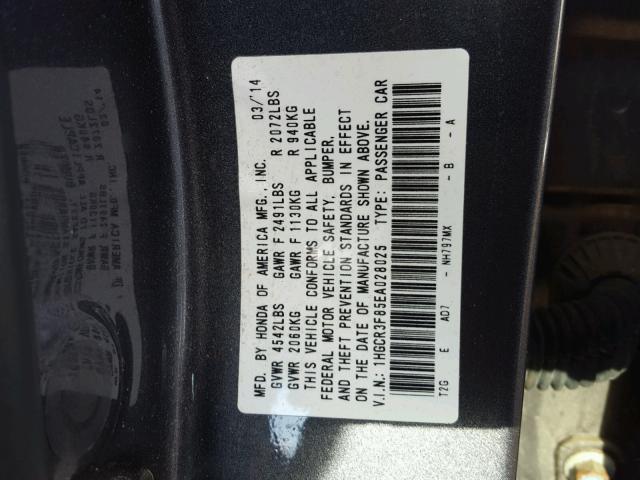 1HGCR3F85EA028025 - 2014 HONDA ACCORD EXL GRAY photo 10