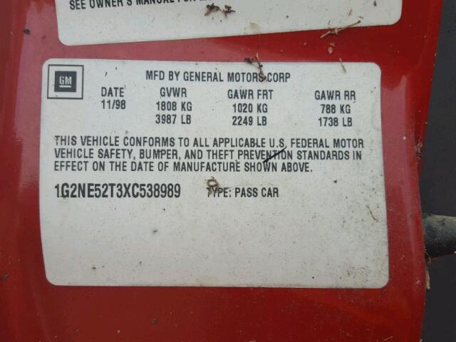 1G2NE52T3XC538989 - 1999 PONTIAC GRAND AM S წითელი ფოტო 10