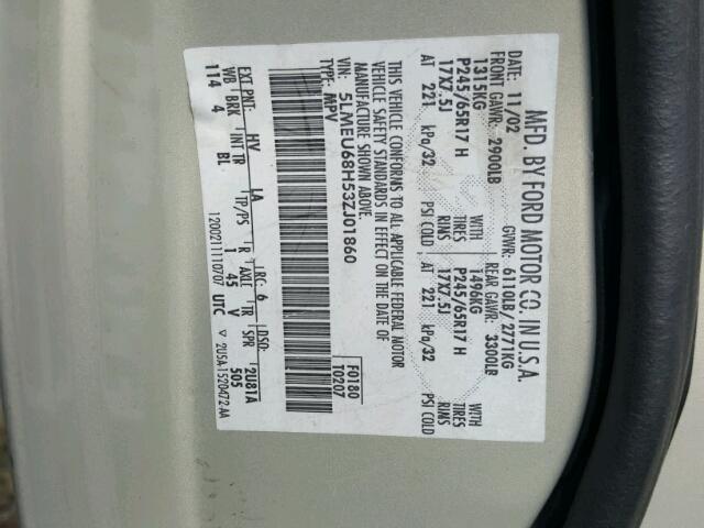 5LMEU68H53ZJ01860 - 2003 LINCOLN AVIATOR 棕色 照片 10