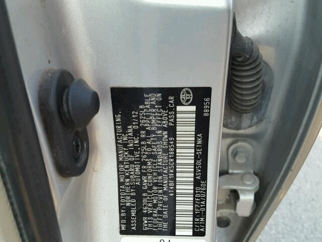 4T4BF1FK5CR188549 - 2012 TOYOTA CAMRY BASE SILVER photo 10