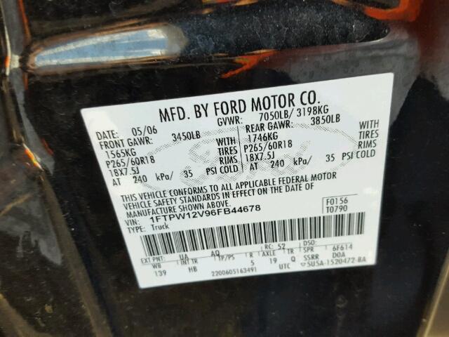 1FTPW12V96FB44678 - 2006 FORD F150 BLACK photo 10