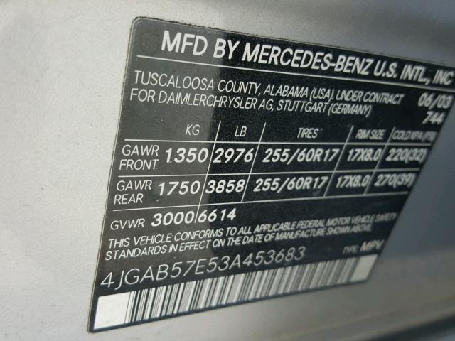 4JGAB57E53A453683 - 2003 MERCEDES-BENZ ML 350 SILVER photo 10