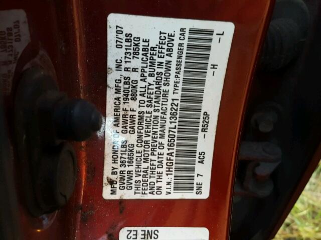 1HGFA16507L136221 - 2007 HONDA CIVIC MAROON photo 10