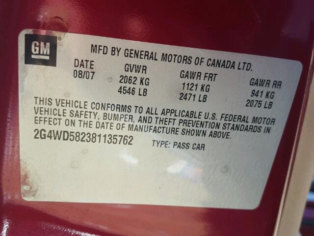 2G4WD582381135762 - 2008 BUICK LACROSSE BURGUNDY photo 10