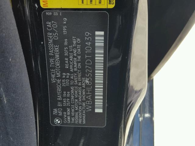 WBAHL83527DT10439 - 2007 BMW 750I BLACK photo 10