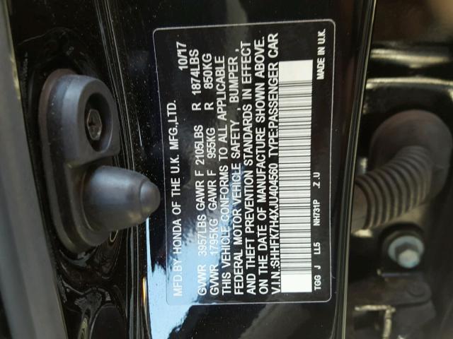 SHHFK7H4XJU404560 - 2018 HONDA CIVIC SPOR BLACK photo 10