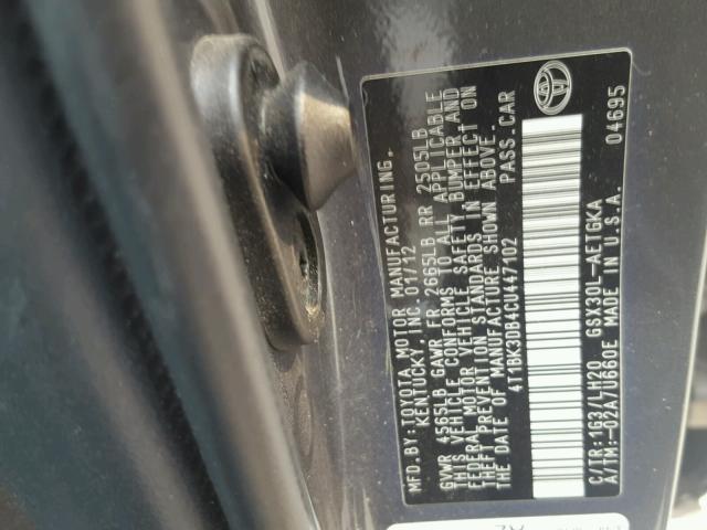 4T1BK3DB4CU447102 - 2012 TOYOTA AVALON BAS GRAY photo 10