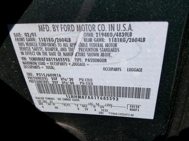 1LNHM87A81Y685593 - 2001 LINCOLN LS GREEN photo 10