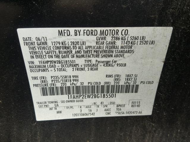 1FAHP2EW2BG185501 - 2011 FORD TAURUS SEL BLACK photo 10