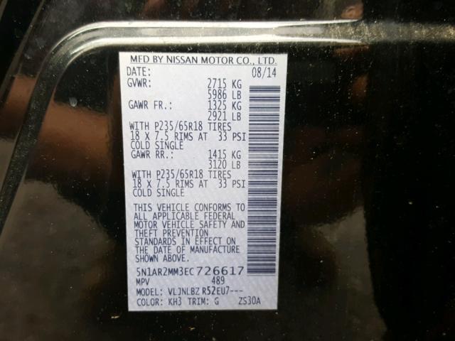 5N1AR2MM3EC726617 - 2014 NISSAN PATHFINDER 黑色 照片 10