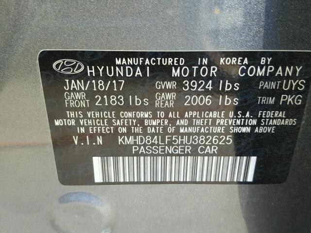 KMHD84LF5HU382625 - 2017 HYUNDAI ELANTRA SE GRAY photo 10