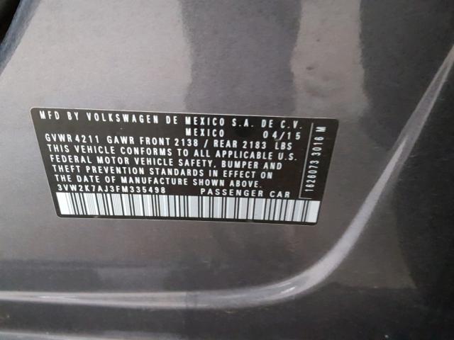3VW2K7AJ3FM335498 - 2015 VOLKSWAGEN JETTA BASE ნაცრისფერი ფოტო 10