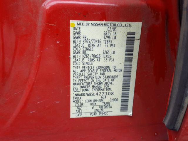 1N6AD07W85C427108 - 2005 NISSAN FRONTIER C RED photo 10