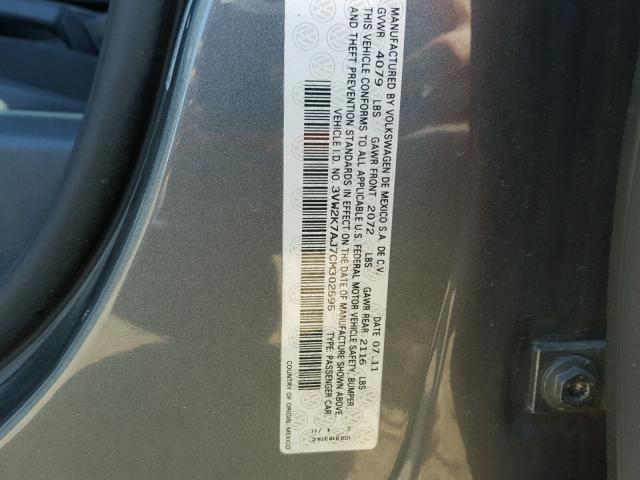 3VW2K7AJ7CM302595 - 2012 VOLKSWAGEN JETTA BASE Գրաֆիտ լուսանկար 10