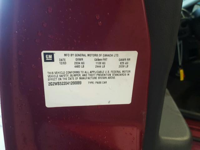 2G2WS522041266889 - 2004 PONTIAC GRAND PRIX MAROON photo 10