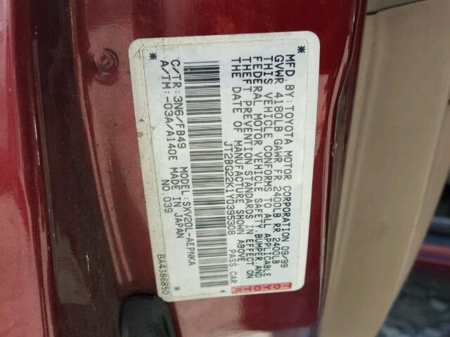 JT2BG22K1Y0395308 - 2000 TOYOTA CAMRY CE BURGUNDY photo 10