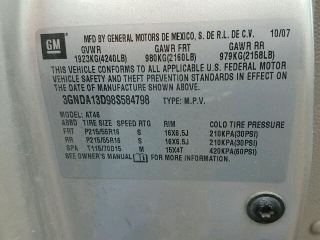 3GNDA13D98S584798 - 2008 CHEVROLET HHR LS SILVER photo 10