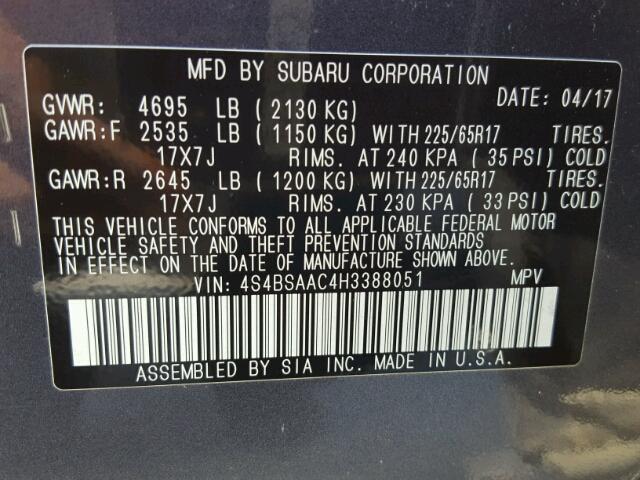 4S4BSAAC4H3388051 - 2017 SUBARU OUTBACK GRAY photo 10