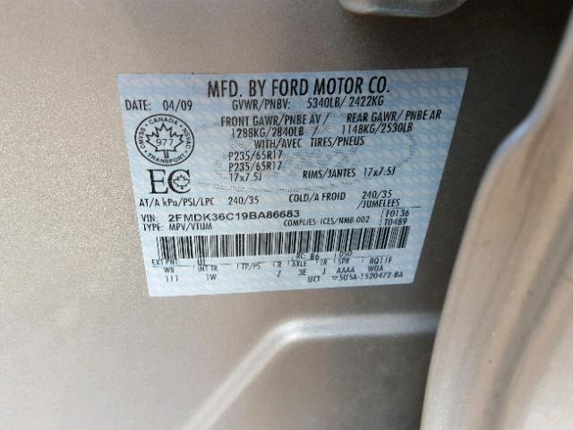 2FMDK36C19BA86683 - 2009 FORD EDGE SE GRAY photo 10