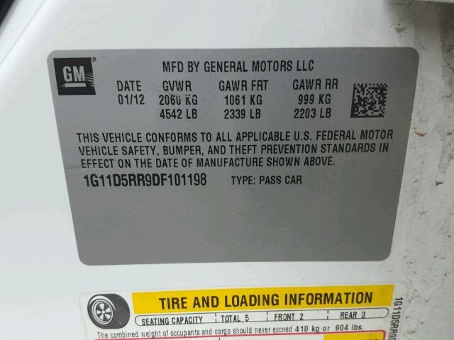 1G11D5RR9DF101198 - 2013 CHEVROLET MALIBU 1LT WHITE photo 10