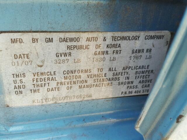 KL1TD66607B766266 - 2007 CHEVROLET AVEO BASE Mavi foto 10